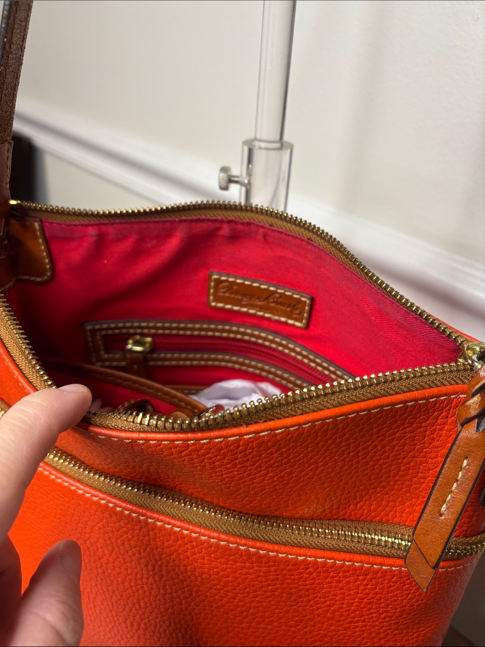 Dooney & Bourke Pebbled Grain Crossbody Orange Leather Bag with Red Interior - Picture 13 of 16